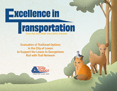 Illustrations with a deer, fox, and seagull for Deldot's annual report for creating a trailhead in Lewes.